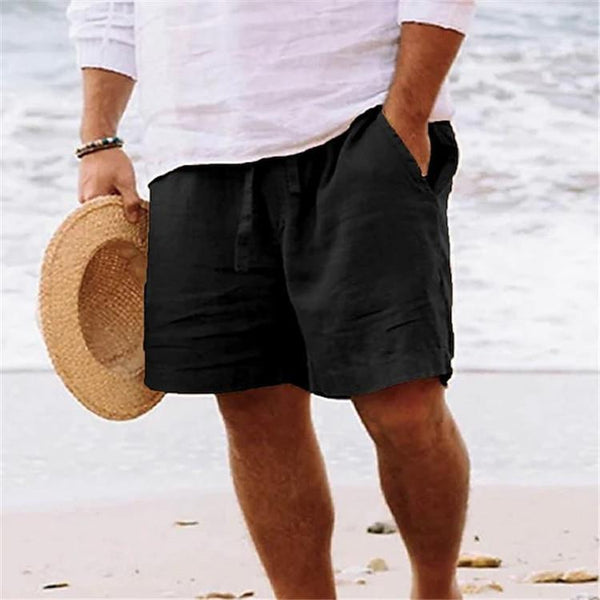 Men's summer cotton linen shorts draw rope elastic waist straight legs solid color breathable five minutes casual pants