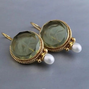 Vintage Hexagonal Green & Pearl Earrings