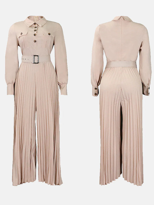 Button Pleated Wide Jumpsuit