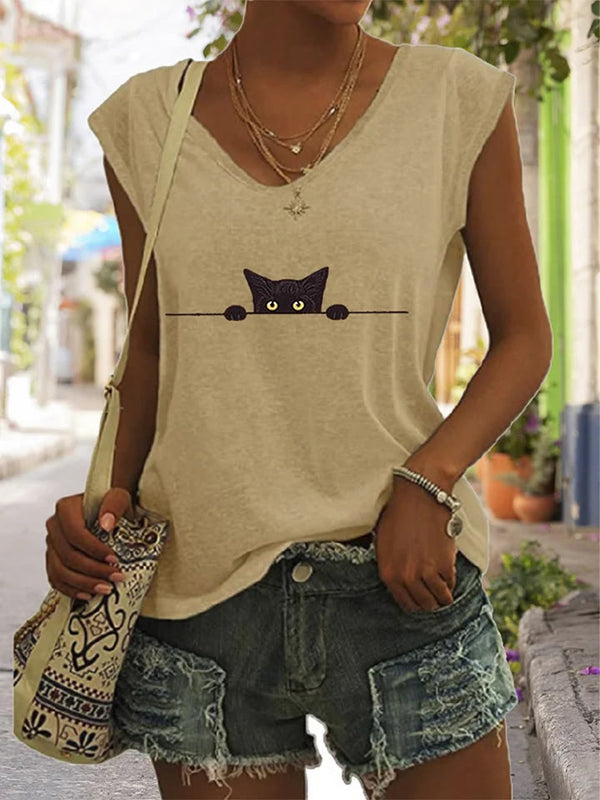 Women's Casual Black Cat Print V-neck Vest