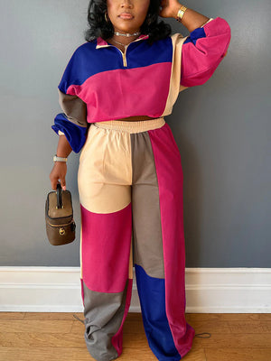 Colorblock Half-Zip Top & Wide Pants Set