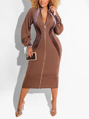 Velvet Detail Zip Up Midi Dress