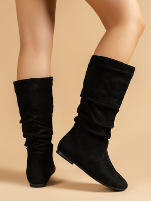 Mid-Calf Side Zipper Ruched Flat Boots