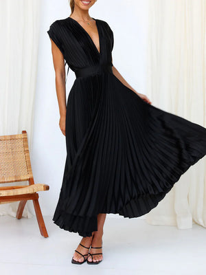 Sleeveless V Neck Pleated Maxi Dress