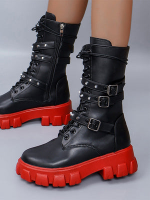 Eyelet Buckled Zipper Platform Boots