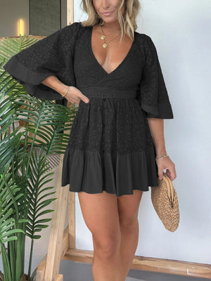 V Neck Lace Patchwork Bat Sleeve Mini Dress