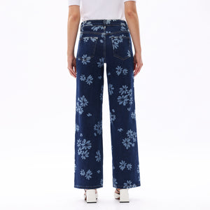 ONESO Women BBL Jeans Mid-Low Rise Wide Leg Stretch Baggy Printing Denim with Tummy Control Minimalist Basic Trouser