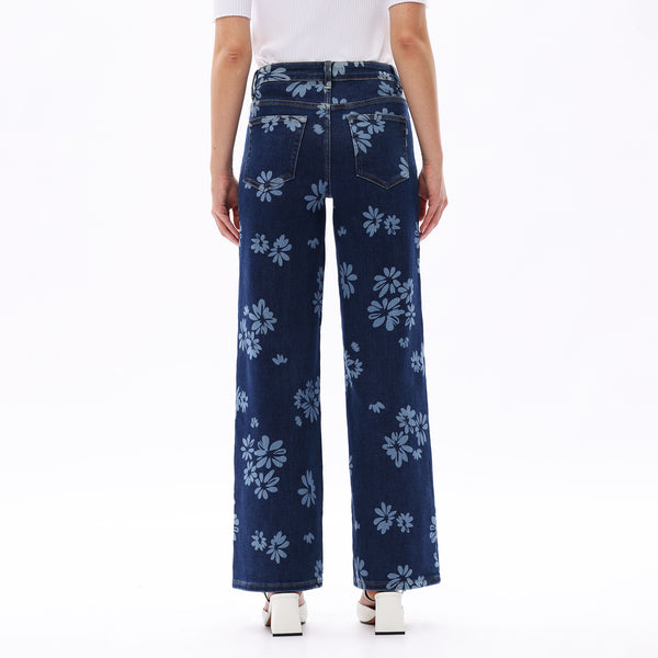 ONESO Women BBL Jeans Mid-Low Rise Wide Leg Stretch Baggy Printing Denim with Tummy Control Minimalist Basic Trouser
