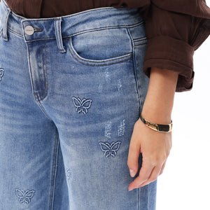 ONESO Women BBL Jeans Mid-Low Rise Wide Leg Stretch Relaxed Fit Embroidered Jeans Flat Tummy Design Simple Basic Trousers