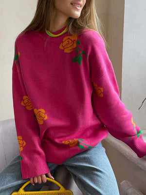 Round Neck Rose Print Sweater