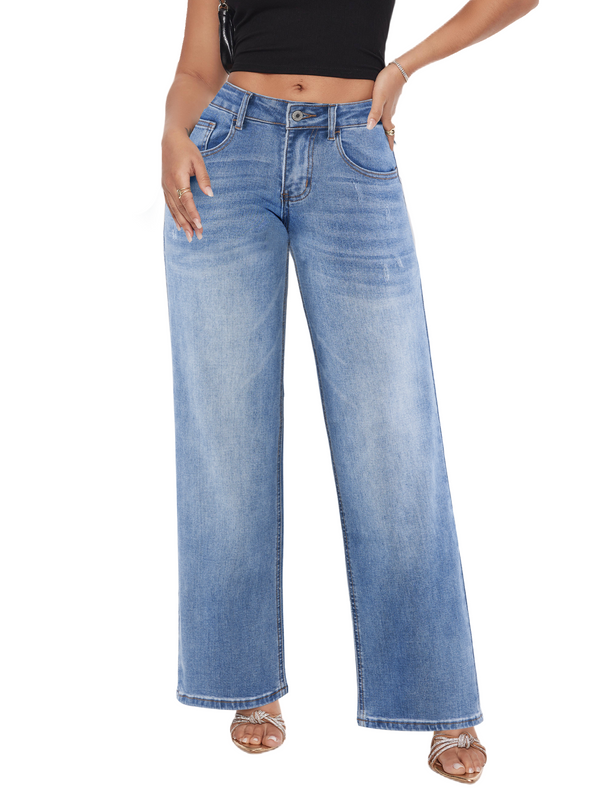 SHAPUM Women's Mid Rise Relaxed Fit Wide Leg Stretch Cuffed Jeans