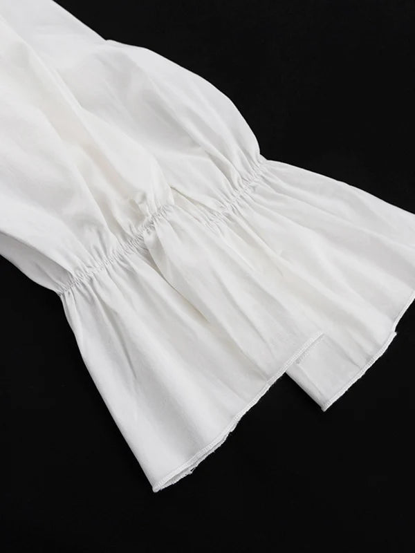 V-Neck Drawstring Flared Sleeve Ruffle White Dress Puffy Skirt