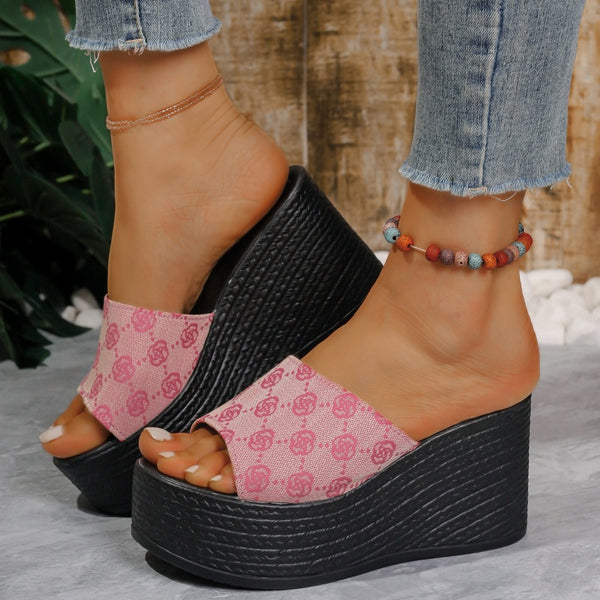 Slope Heel Denim Slippers