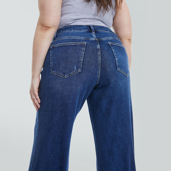 ONESO Mid-Low Rise Baggy Jeans Wide Leg for Women Distressed Pants Stretchy Bottom Lady Basic Comfortable Denim