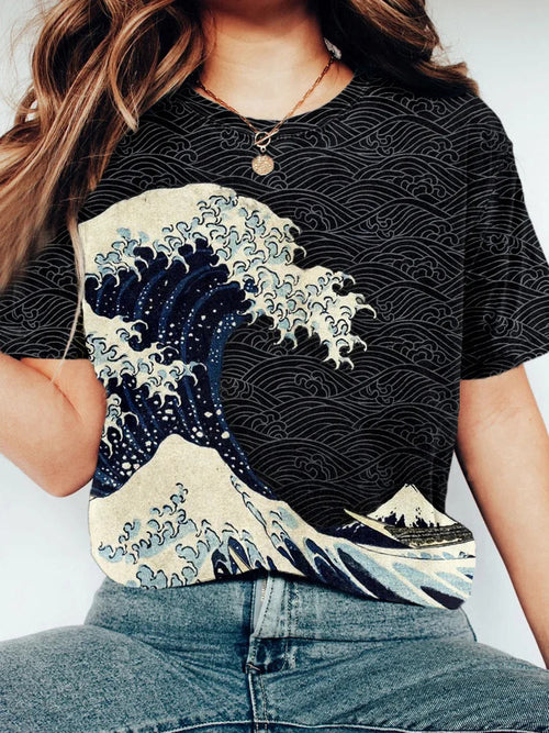 Japanese Wave Inspired Graphic Crew Neck Vintage T-shirt