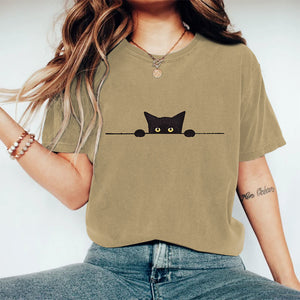 Women's Casual Black Cat Print Short Sleeve T-shirt