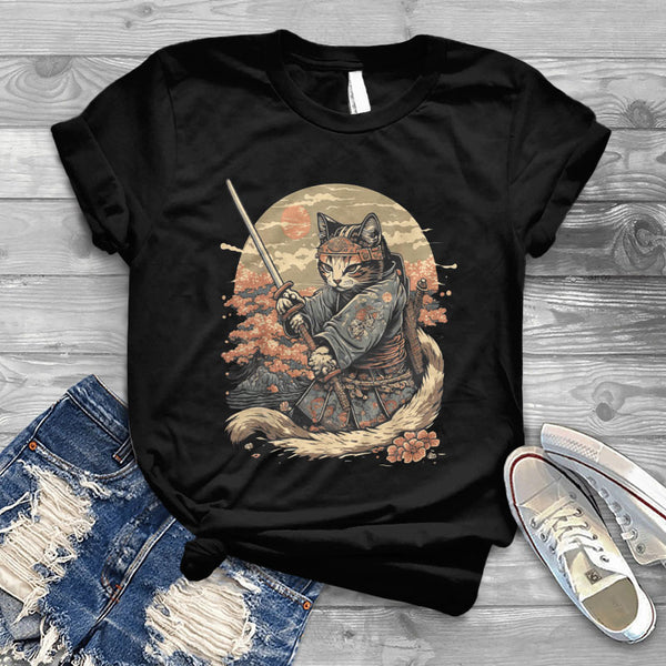 100% Cotton Funny Japanese Warrior Samurai Cat Print T-shirt