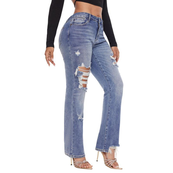 Women Mid Rise Stretch Distressed Slim Fit Casual Straight Leg Denim Jeans -JB8243MD