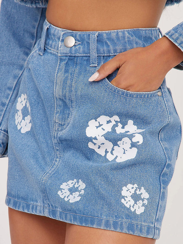 Floral Print Denim Jacket & Skirt Set