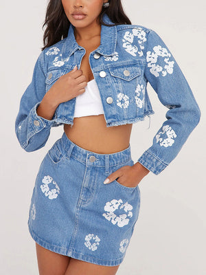 Floral Print Denim Jacket & Skirt Set