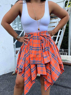 Asymmetric Plaid Midi Skirt