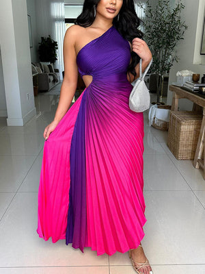 Ombre One Shoulder Pleated Dress