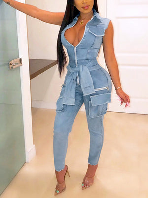 Sleeveless Cargo Denim Jumpsuit