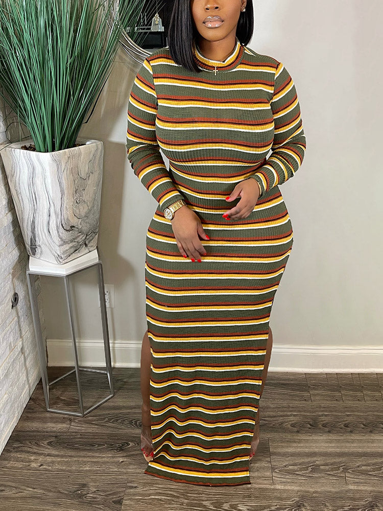 Ribbed Striped Slit Dress