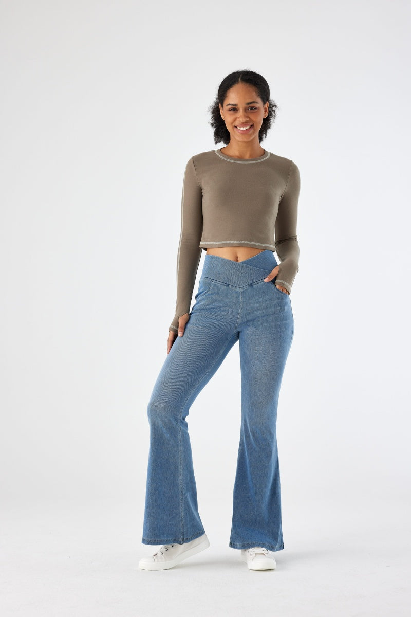SHAPUM Wide Leg Jeans Woman Stretchy Crossed Denim Pants Elastic Waist Pull Sweatpant Jeans Trendy Baggy Loose