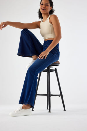 SHAPUM Wide Leg Jeans Woman Stretchy Crossed Denim Pants Elastic Waist Pull Sweatpant Jeans Trendy Baggy Loose