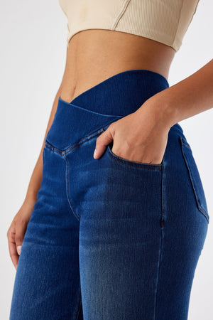 SHAPUM Wide Leg Jeans Woman Stretchy Crossed Denim Pants Elastic Waist Pull Sweatpant Jeans Trendy Baggy Loose