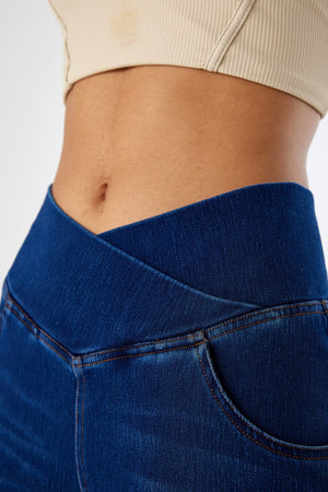 SHAPUM Wide Leg Jeans Woman Stretchy Crossed Denim Pants Elastic Waist Pull Sweatpant Jeans Trendy Baggy Loose