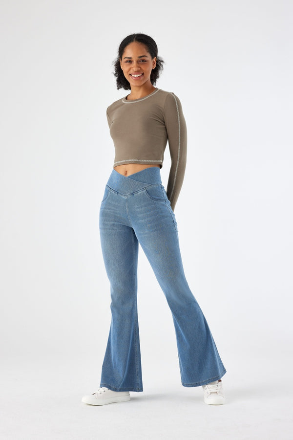 SHAPUM Wide Leg Jeans Woman Stretchy Crossed Denim Pants Elastic Waist Pull Sweatpant Jeans Trendy Baggy Loose