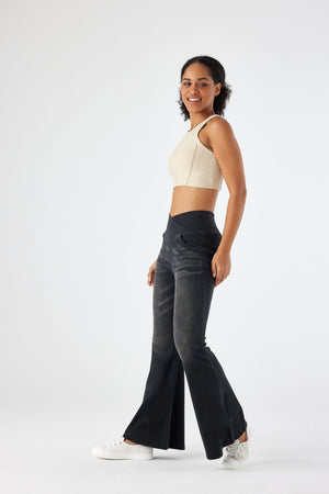 SHAPUM Wide Leg Jeans Woman Stretchy Crossed Denim Pants Elastic Waist Pull Sweatpant Jeans Trendy Baggy Loose