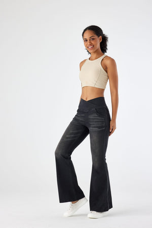 SHAPUM Wide Leg Jeans Woman Stretchy Crossed Denim Pants Elastic Waist Pull Sweatpant Jeans Trendy Baggy Loose