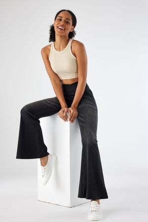 SHAPUM Wide Leg Jeans Woman Stretchy Crossed Denim Pants Elastic Waist Pull Sweatpant Jeans Trendy Baggy Loose