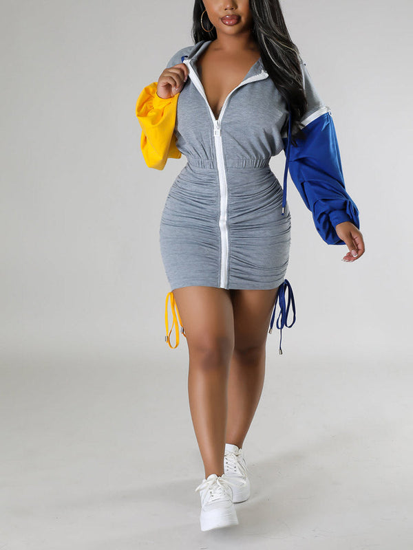 Hoodie Color Block Ruched Dress