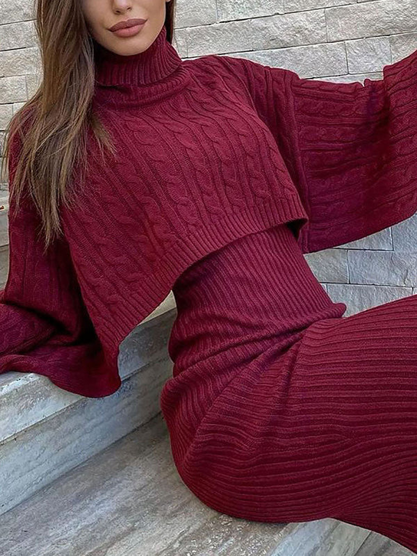 Knitted Turtleneck Sweaters & Tank Dress Set