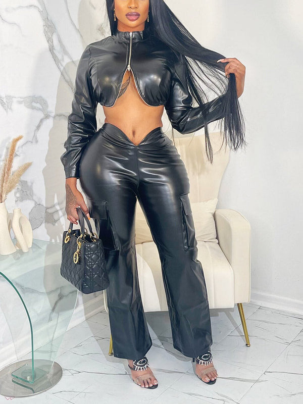 Leather Zip Crop op & Pants Set