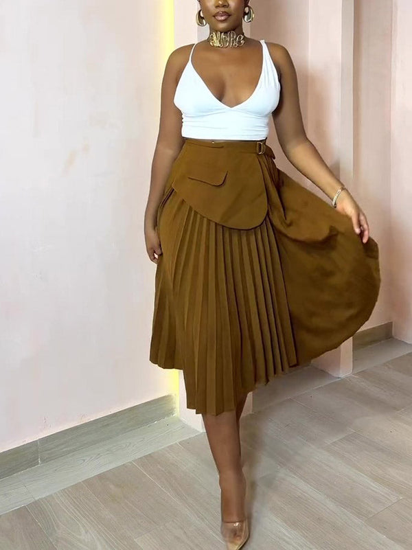 Pleated Belt Midi Skirt