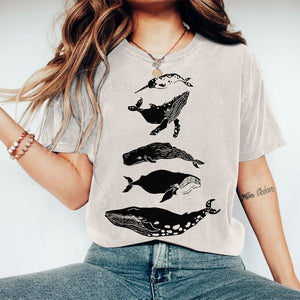 Species Of Whales Japanese Lino Art Vintage Print T-shirt