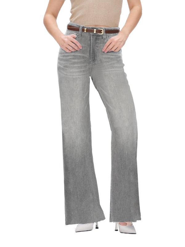 BlueMoment Women High Waist Wide Leg Straight Jeans Stretch Grey Wash Denim Pants
