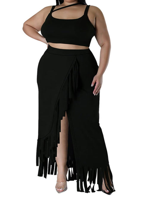 Plus Size Two Piece Sling Tops & Fringe Skirt