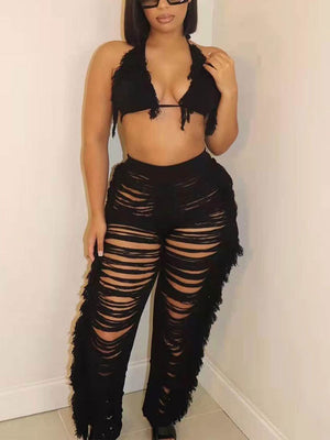 Fringe Trim Halter Crop Top & Pants Set