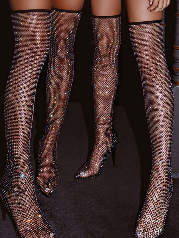 Rhinestone Fishnet Heels Boots