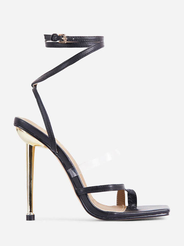 Square Toe Ankle Strap Metallic Heels