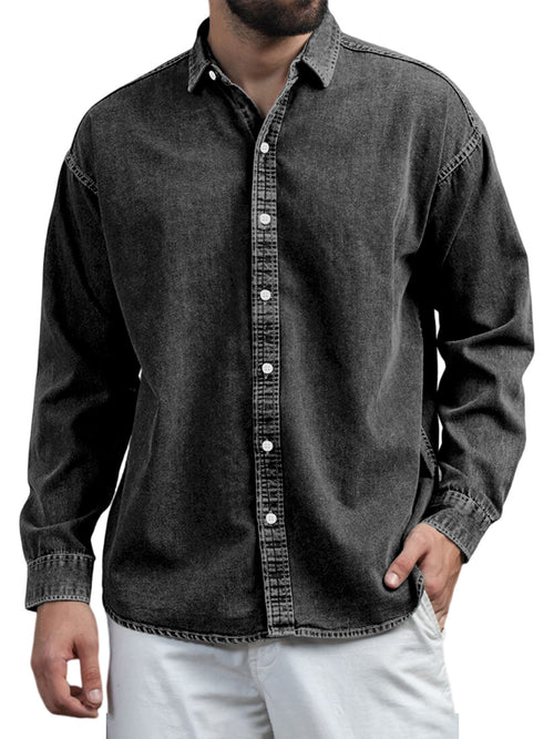 Men's Retro Casual Solid Color Lapel Long Sleeve Shirt