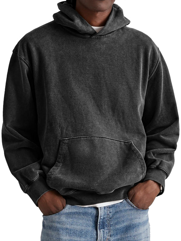 Men's Retro Cotton Hooded Distressed Washed Solid Color Sweatshirt