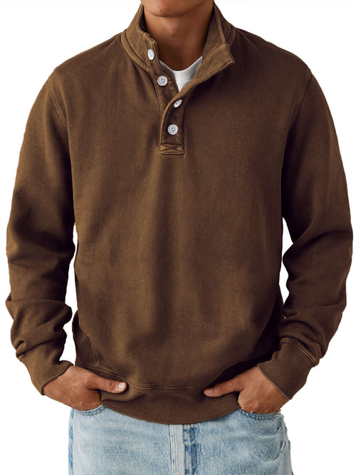 Men's Casual Stand Collar Button Solid Color Comfortable Sweatshirt