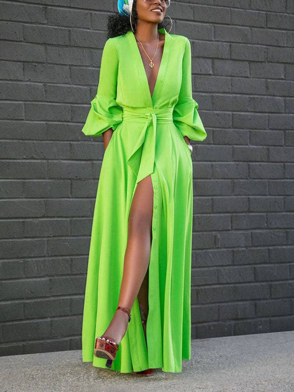 Button Down Slit V Neck Maxi Dress